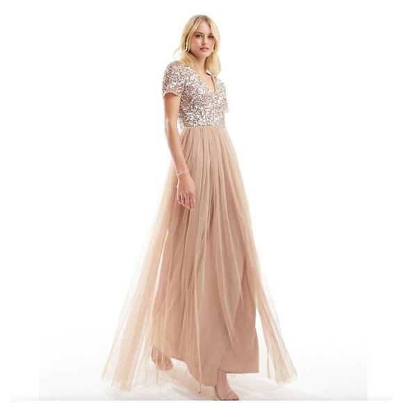 Maya Dresses & Skirts - MAYA BRIDESMAID V-NECK MAXI TULLE DRESS NEW W TAGS SEQUIN TOP WOMEN SZ LARGE/14